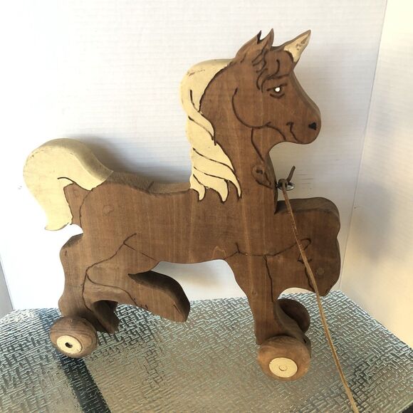 Vitange Wooden Hand Crafted Pull Along Horse Sz 14x16 Hand Painted Legs Move - Picture 4 of 16